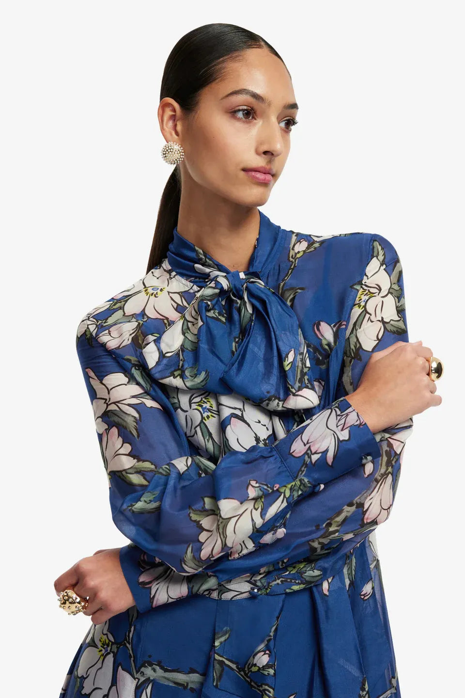 Lilith Floral Tie Neck Silk Maxi Dress in Blue