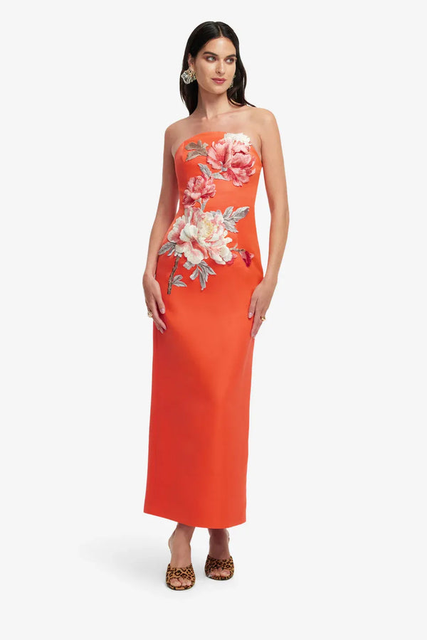Ava Floral Applique Bustier Maxi Dress in Orange