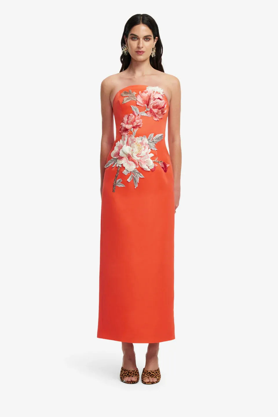 Ava Floral Applique Bustier Maxi Dress in Orange