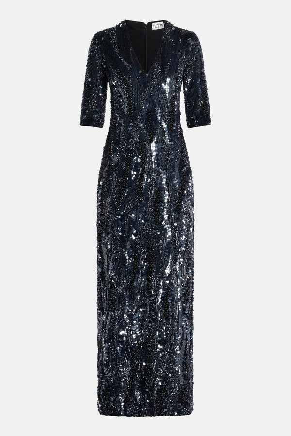 Allegra Sequin V Neck Evening Dress in Black