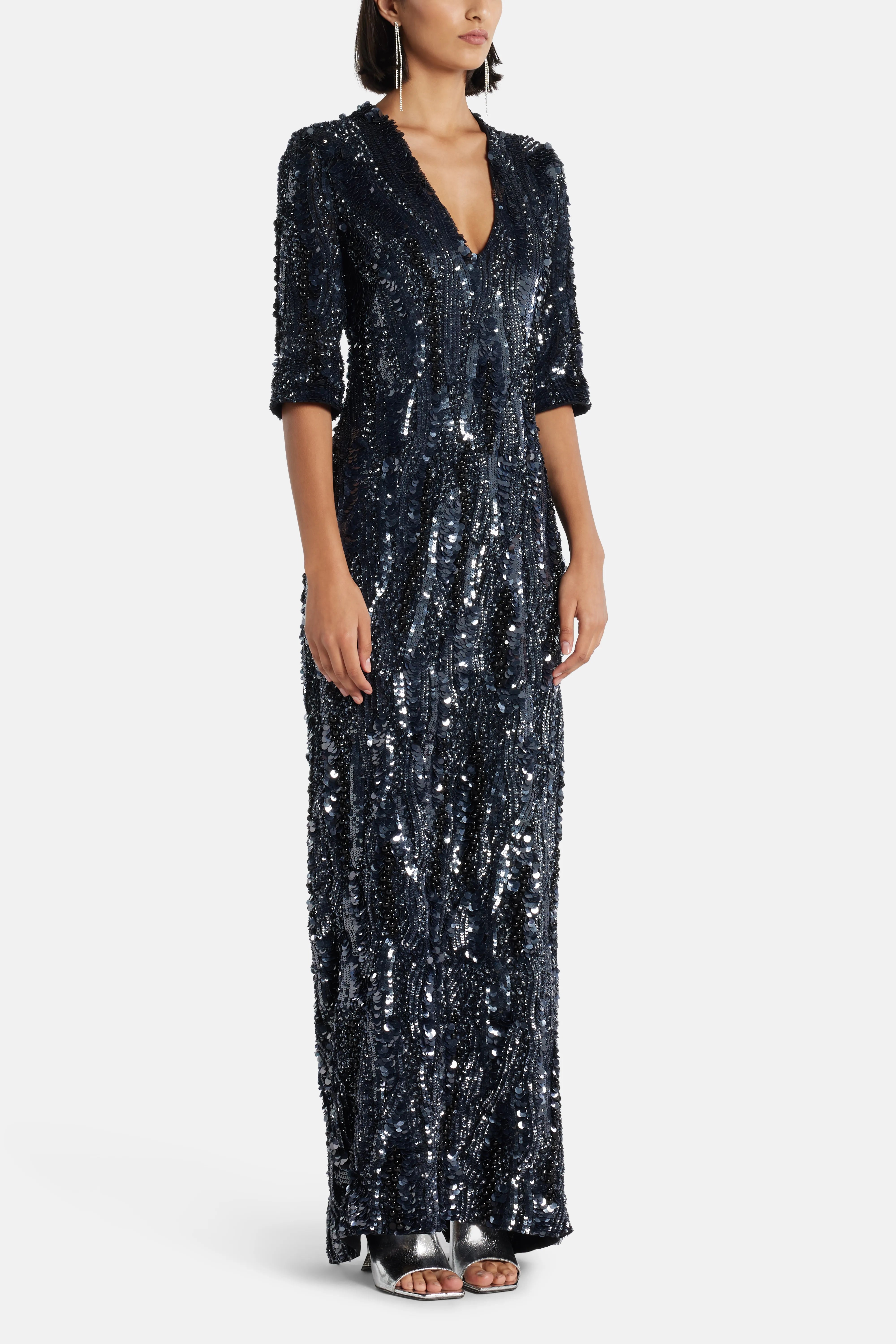 Allegra Sequin V Neck Evening Dress in Black
