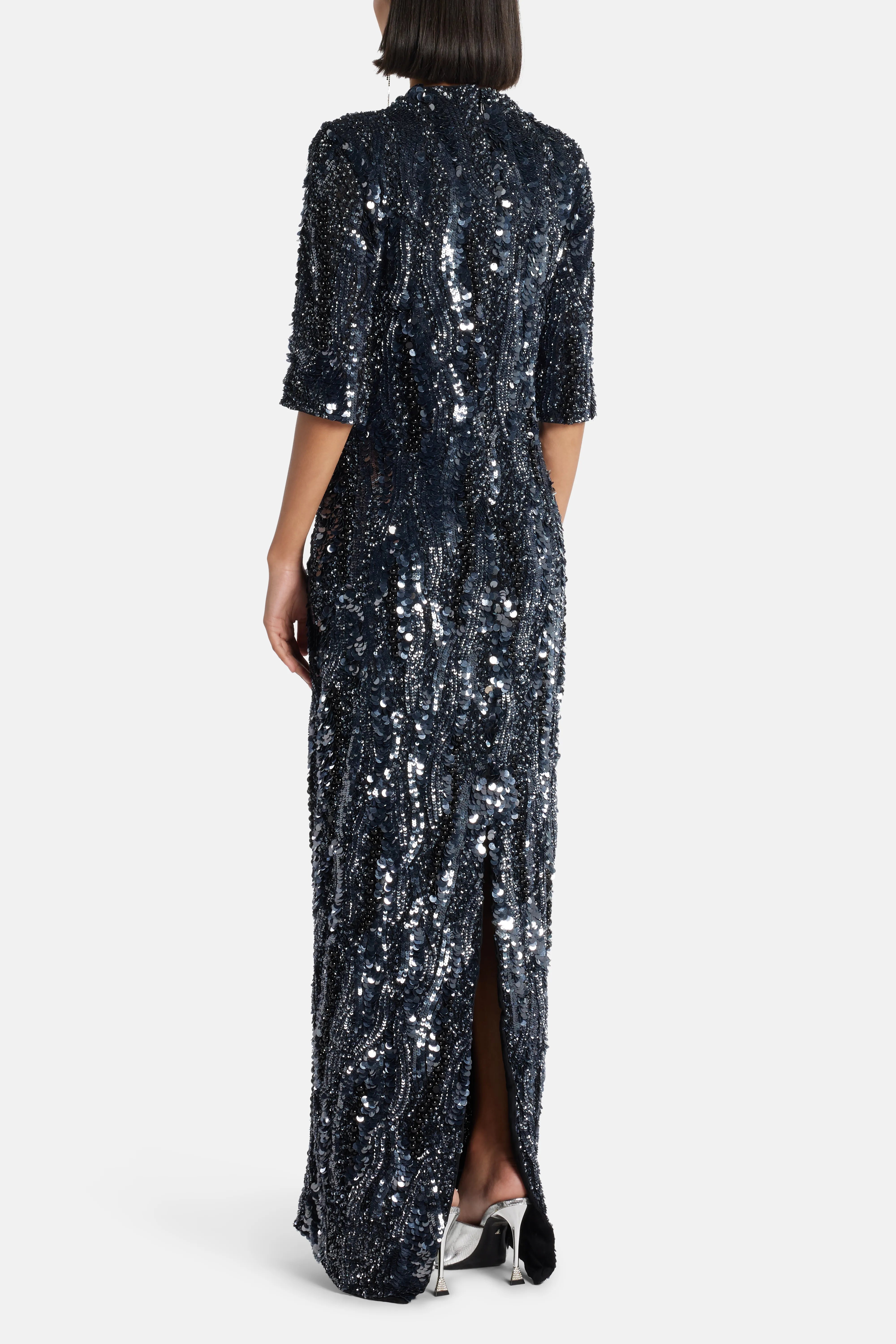 Allegra Sequin V Neck Evening Dress in Black