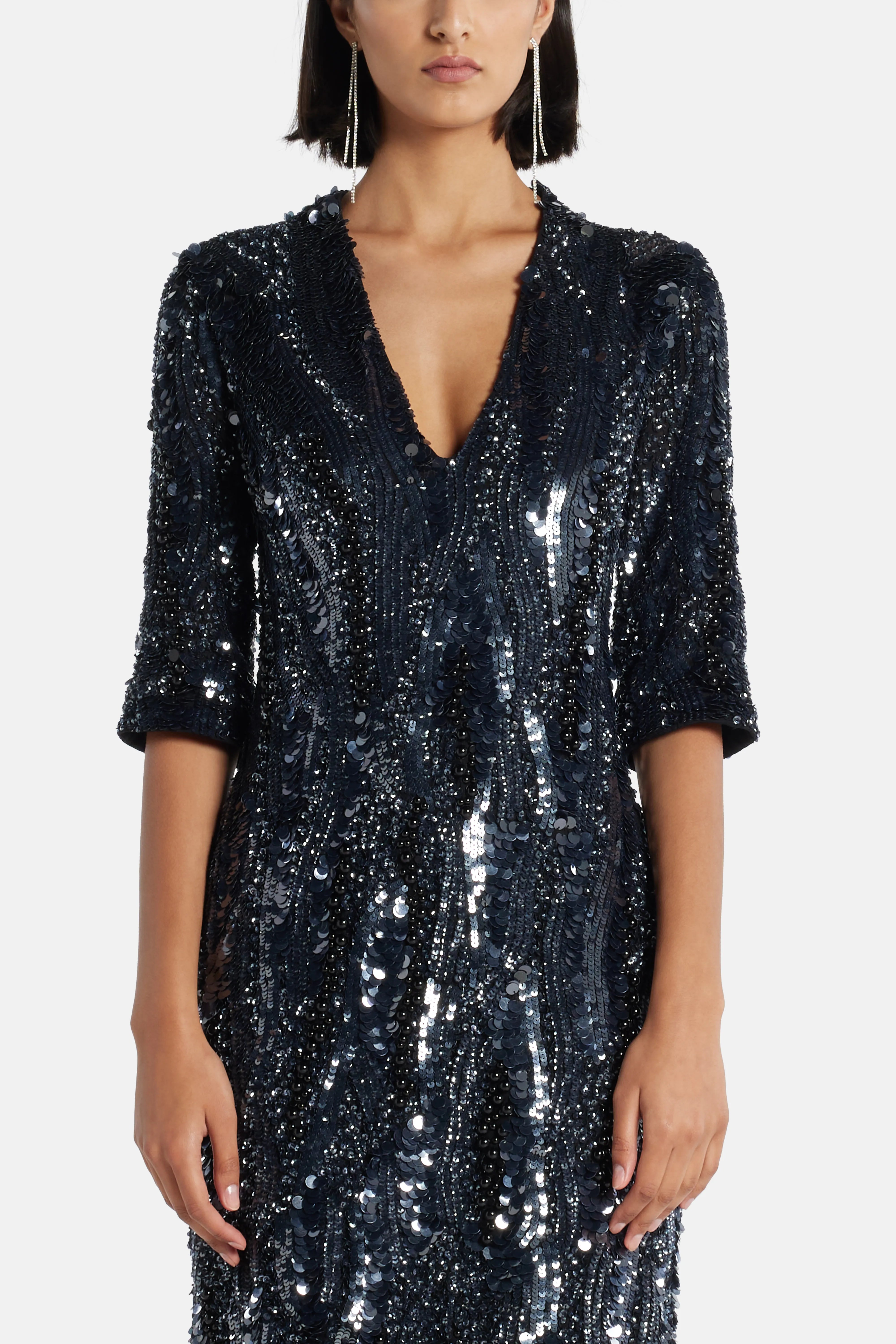 Allegra Sequin V Neck Evening Dress in Black