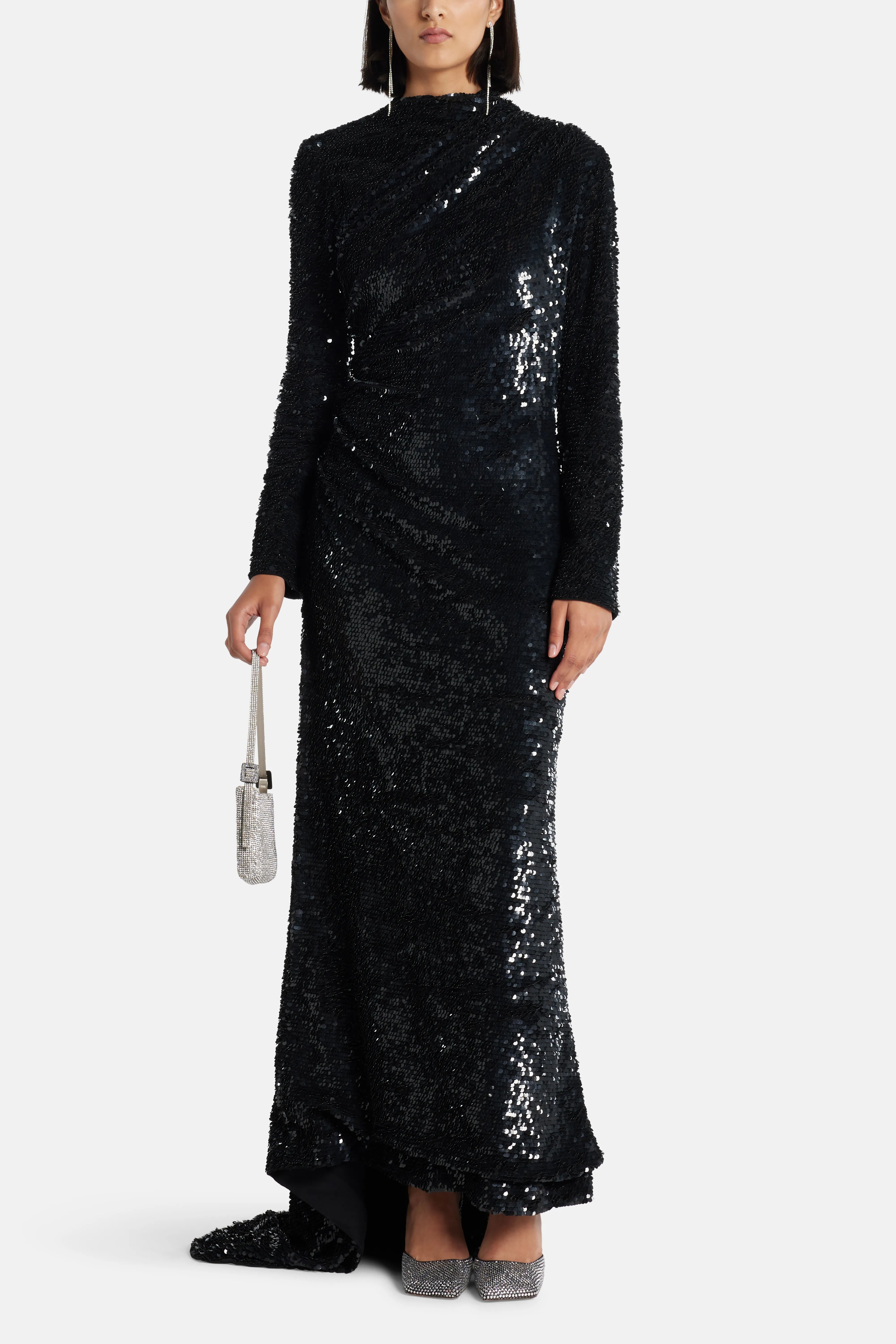 Adeline Sequin Back Cut Out Evening Gown in Black