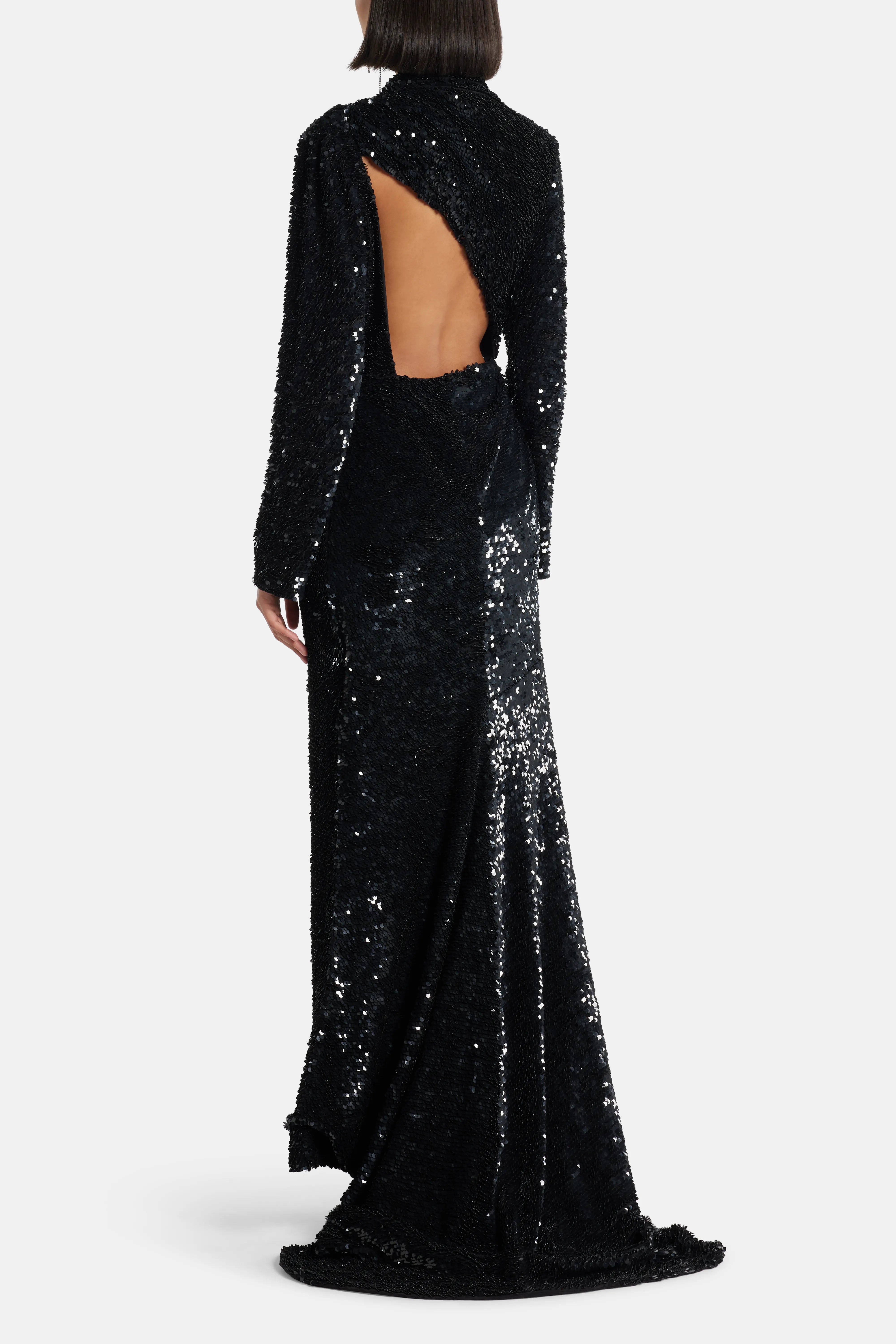 Adeline Sequin Back Cut Out Evening Gown in Black