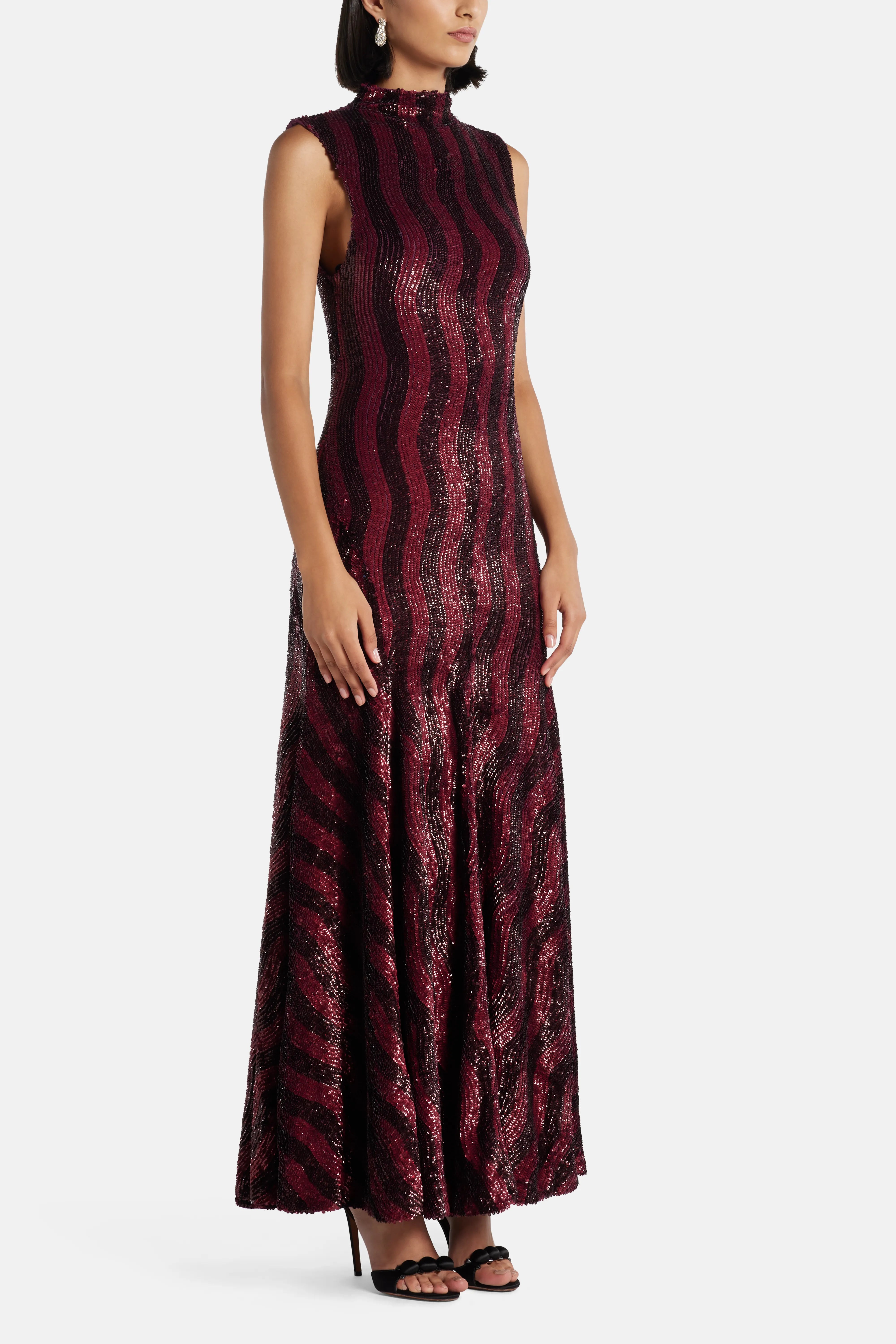 Leonie Sequin Sleeveless Evening Dress in Burgundy