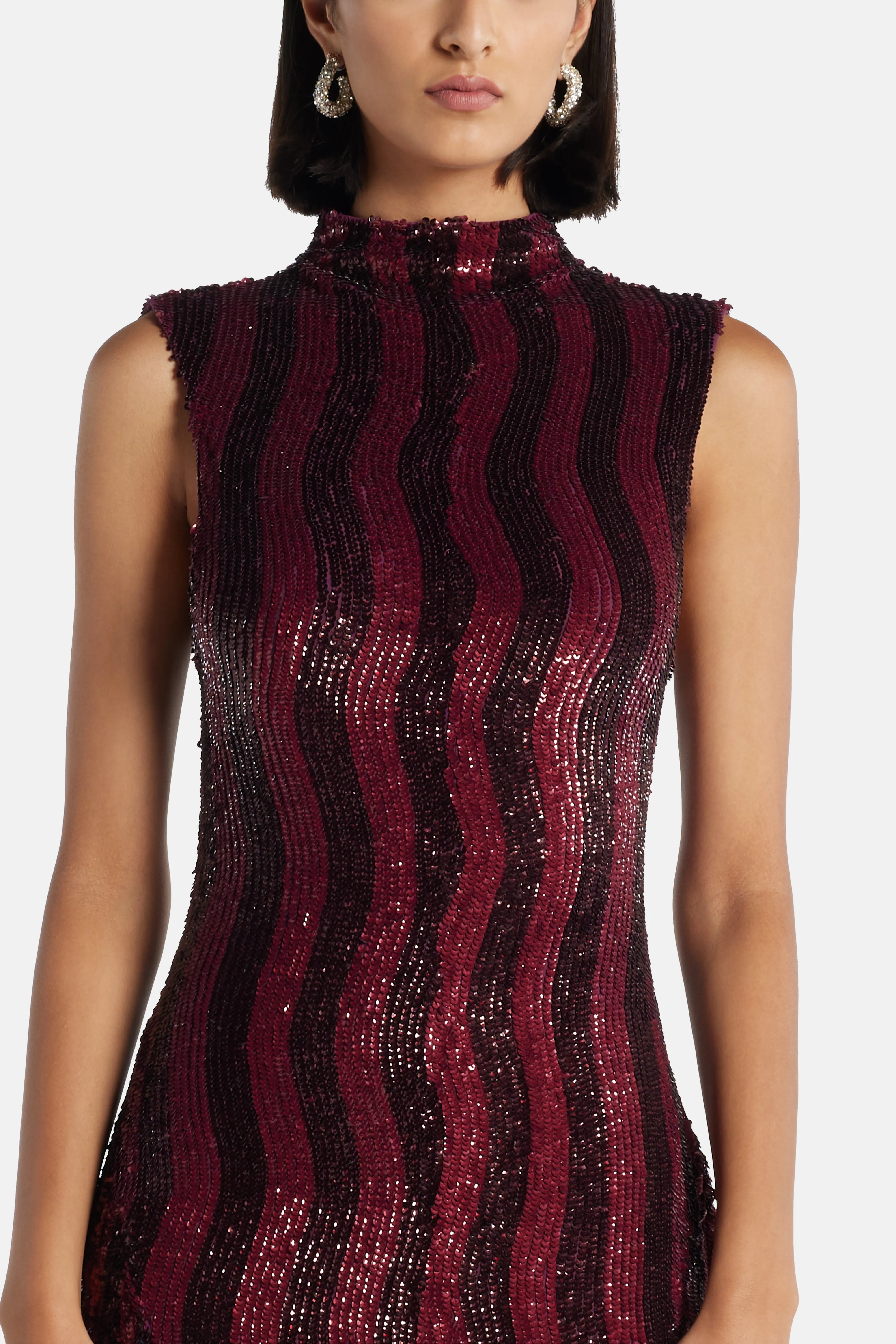 Leonie Sequin Sleeveless Evening Dress in Burgundy