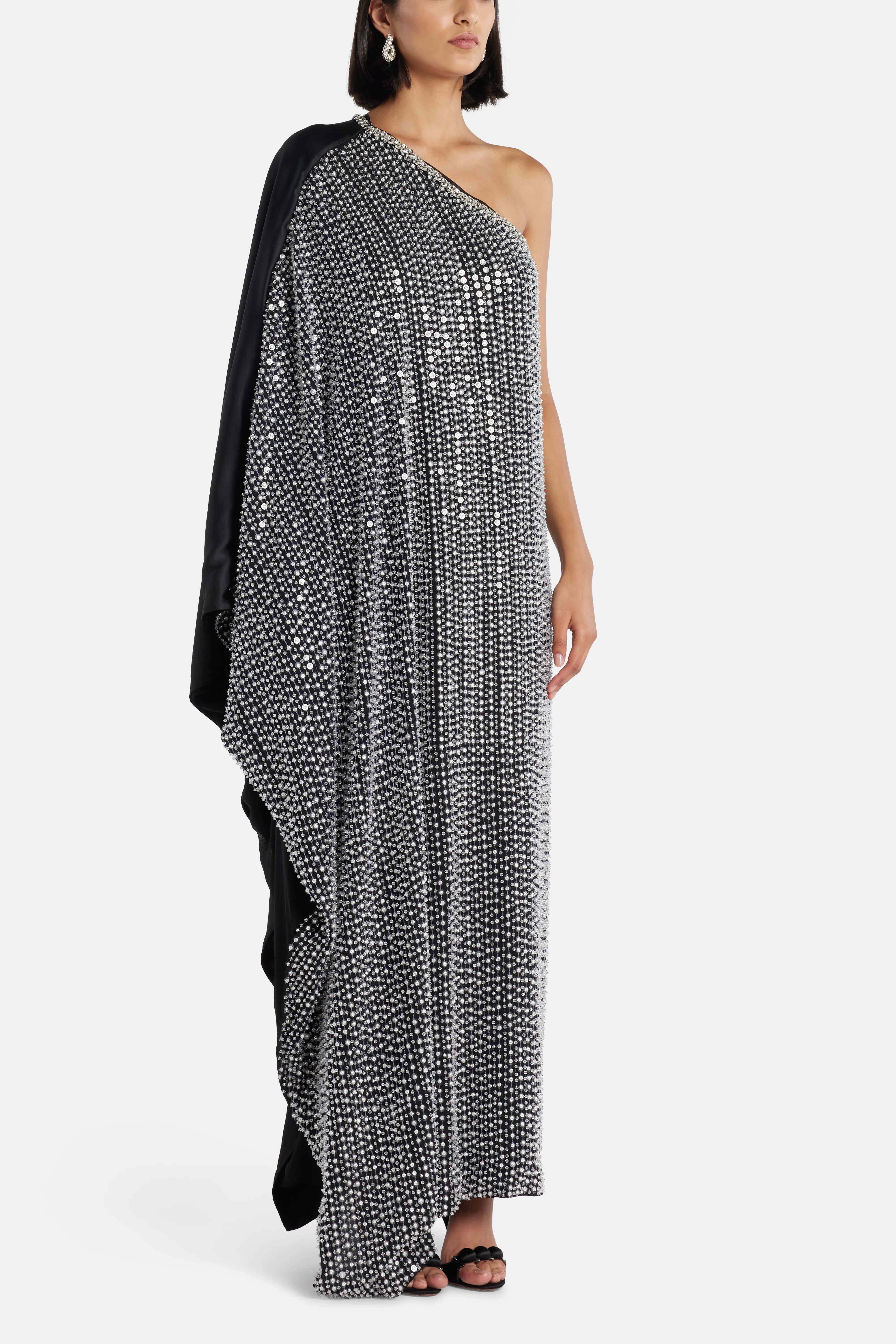 Nico Sequin One Shoulder Evening Dress in Black