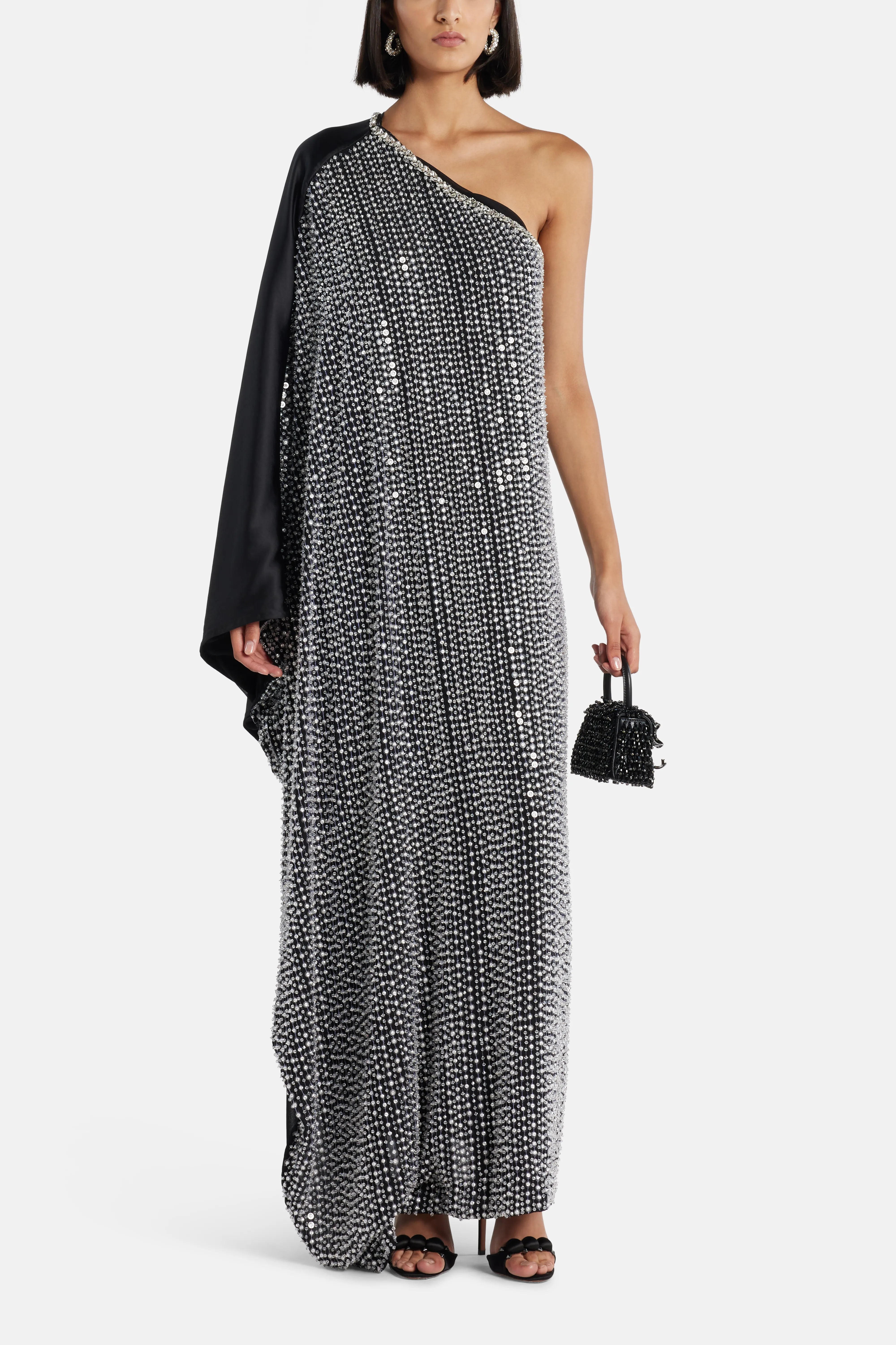 Nico Sequin One Shoulder Evening Dress in Black