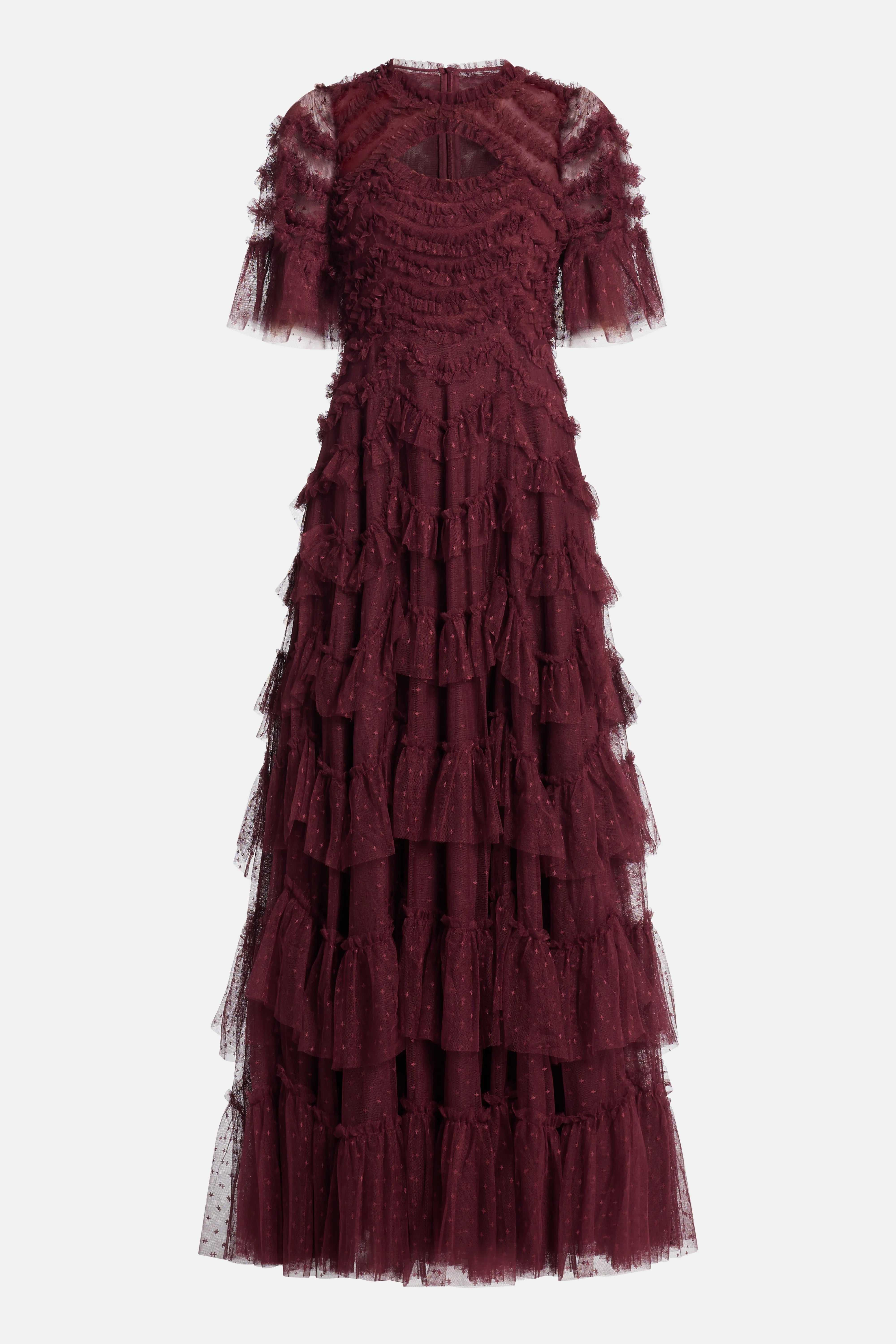 Aviana Ruffles Cut Out Evening Dress in Maroon