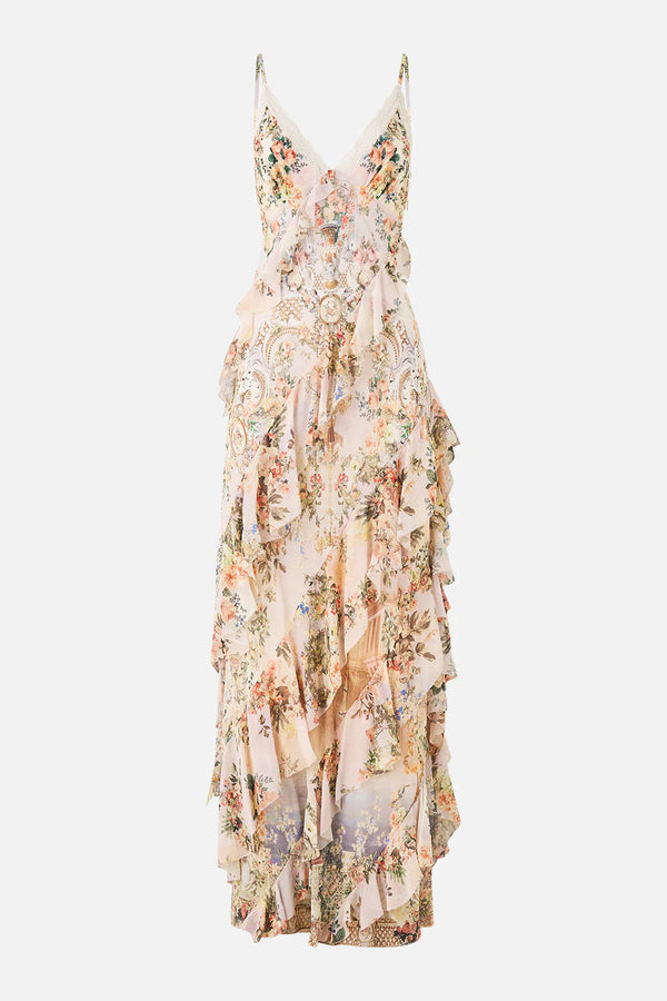 Twilight in Istanbul Sleeveless Asymmetrical Ruffle Floral Slip Silk Maxi Dress in Beige