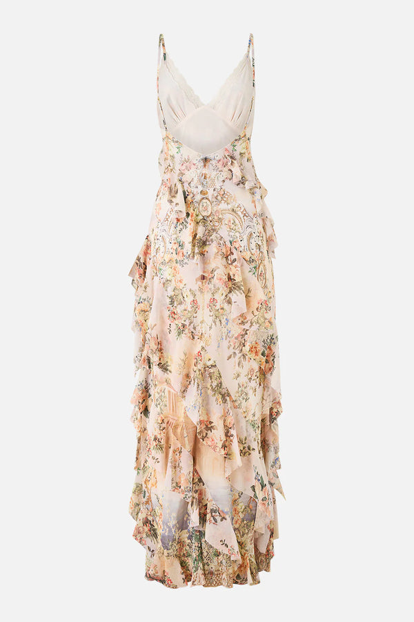 Twilight in Istanbul Sleeveless Asymmetrical Ruffle Floral Slip Silk Maxi Dress in Beige