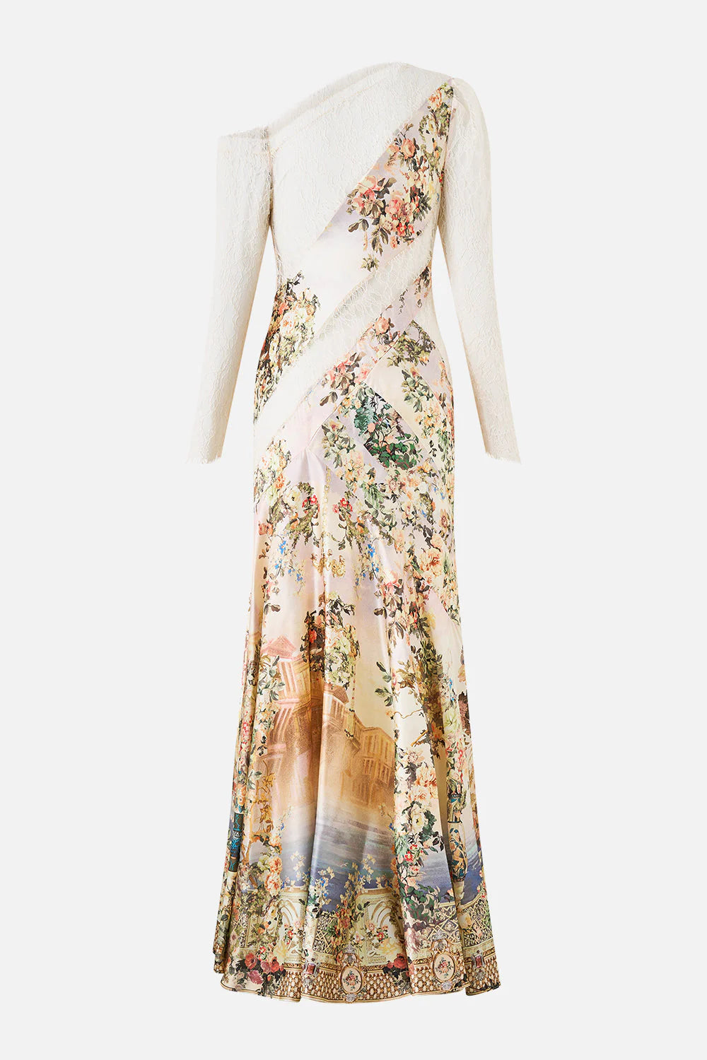 Twilight in Istanbul Lace Splice Floral One Shoulder Silk Maxi Dress in Beige