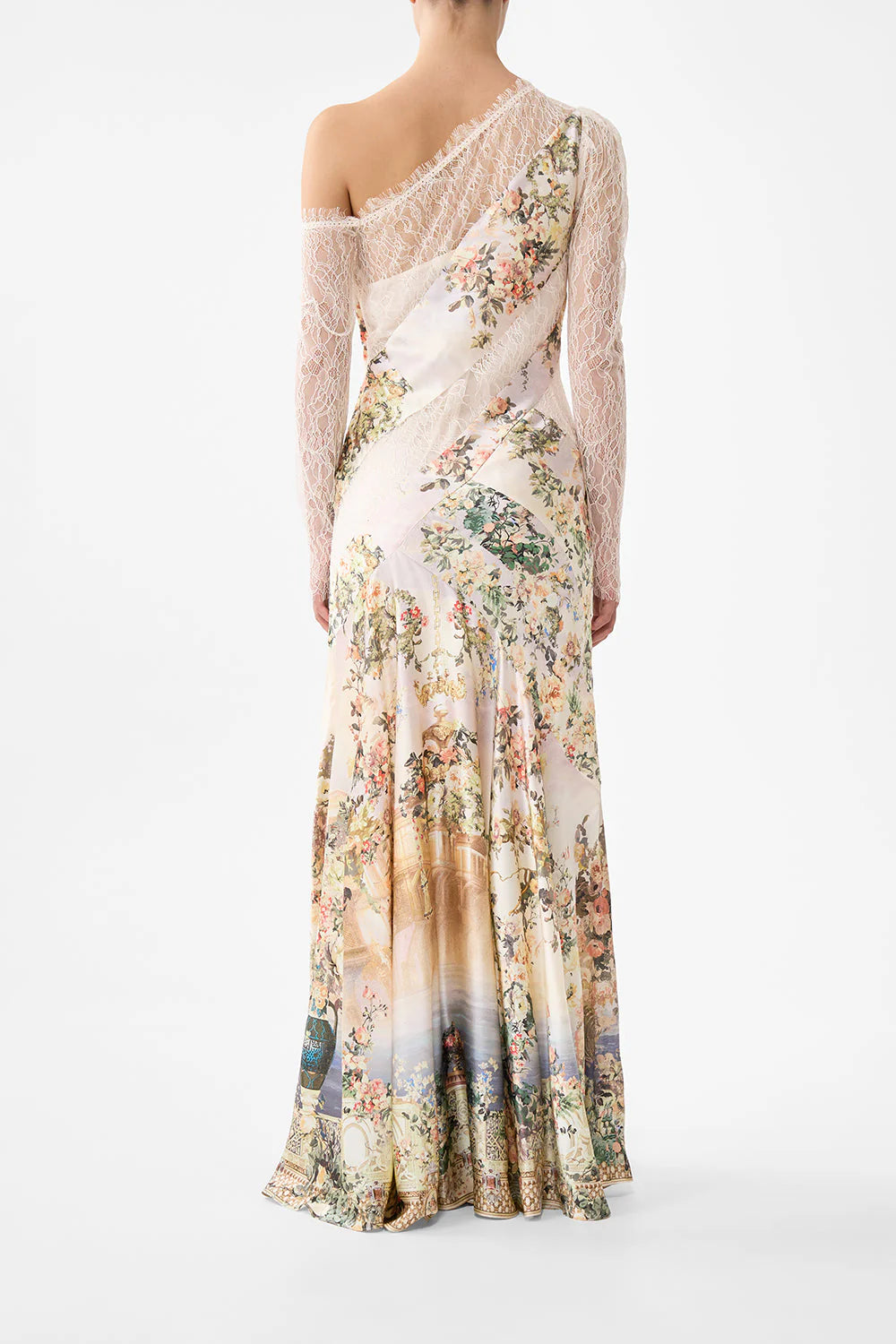 Twilight in Istanbul Lace Splice Floral One Shoulder Silk Maxi Dress in Beige