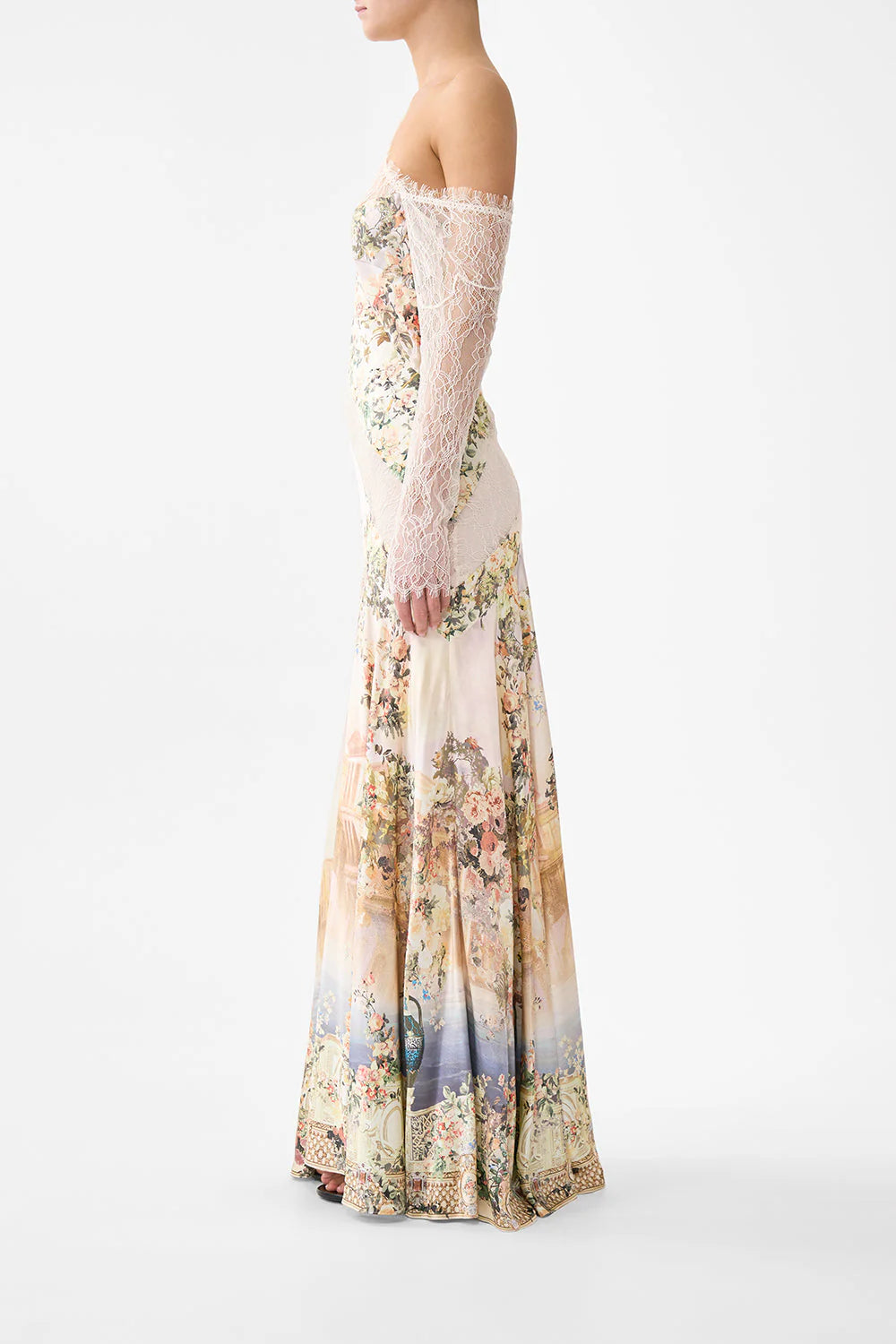 Twilight in Istanbul Lace Splice Floral One Shoulder Silk Maxi Dress in Beige