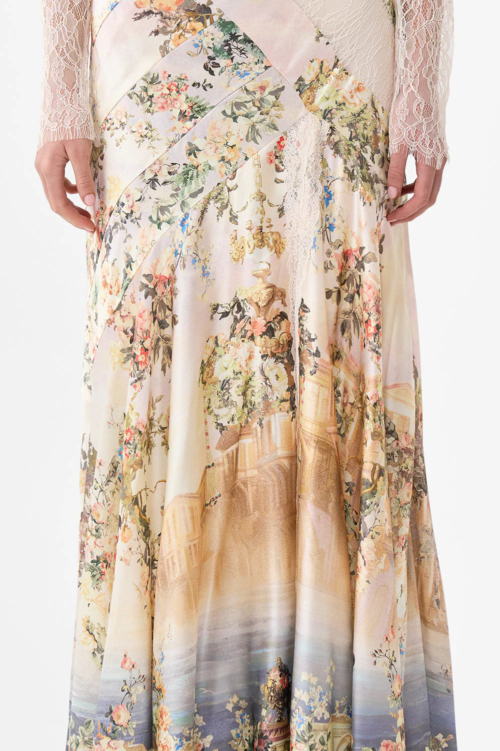 Twilight in Istanbul Lace Splice Floral One Shoulder Silk Maxi Dress in Beige