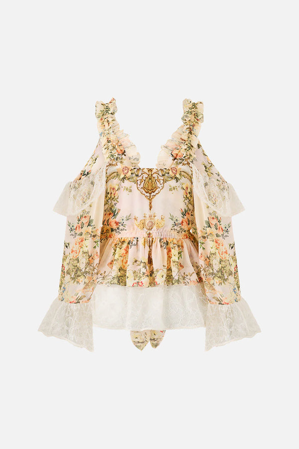 Twilight in Istanbul Sleeveless Cold Shoulder Ruffle Floral Silk Top in Beige