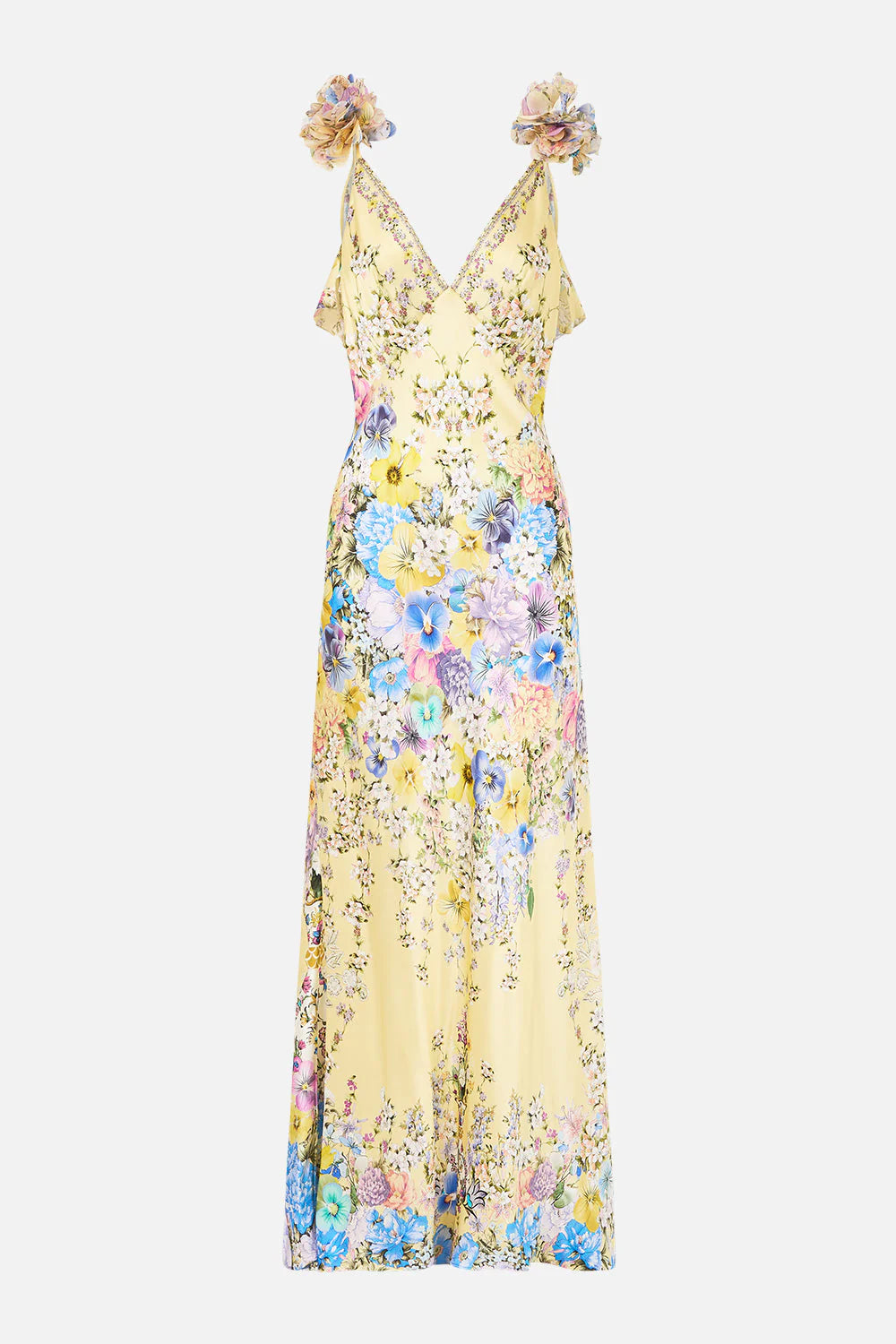 Darling Buds V Neck Bias Floral Slip Silk Maxi Dress With Back Frills in Yellow