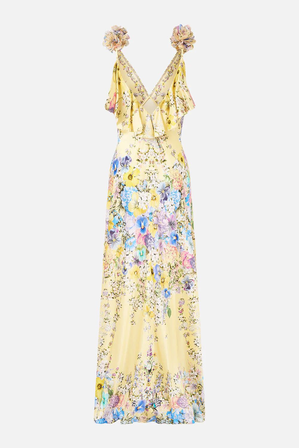 Darling Buds V Neck Bias Floral Slip Silk Maxi Dress With Back Frills in Yellow