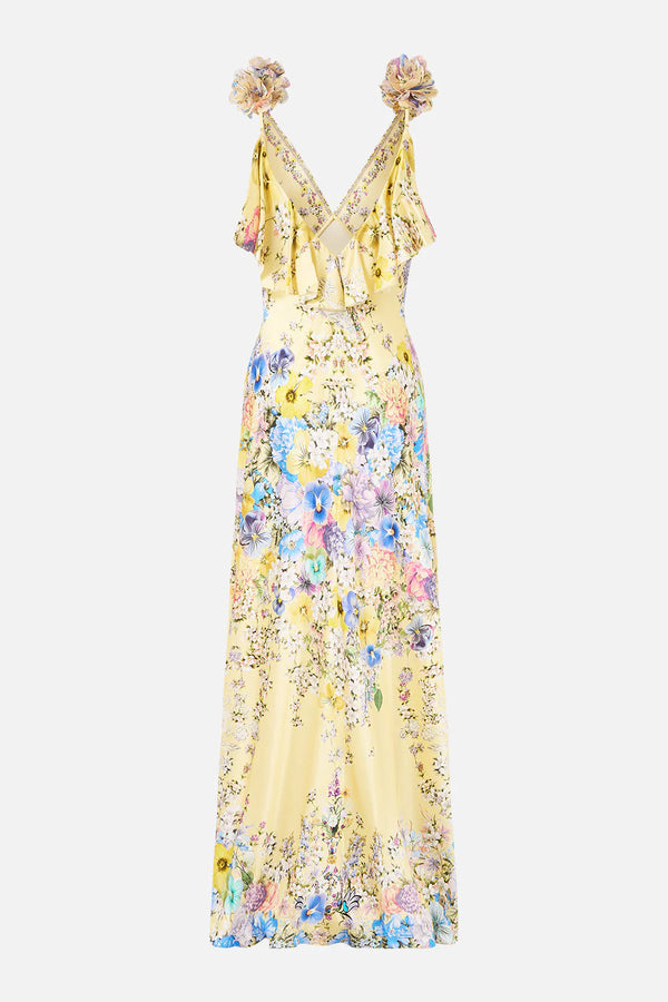 Darling Buds V Neck Bias Floral Slip Silk Maxi Dress With Back Frills in Yellow