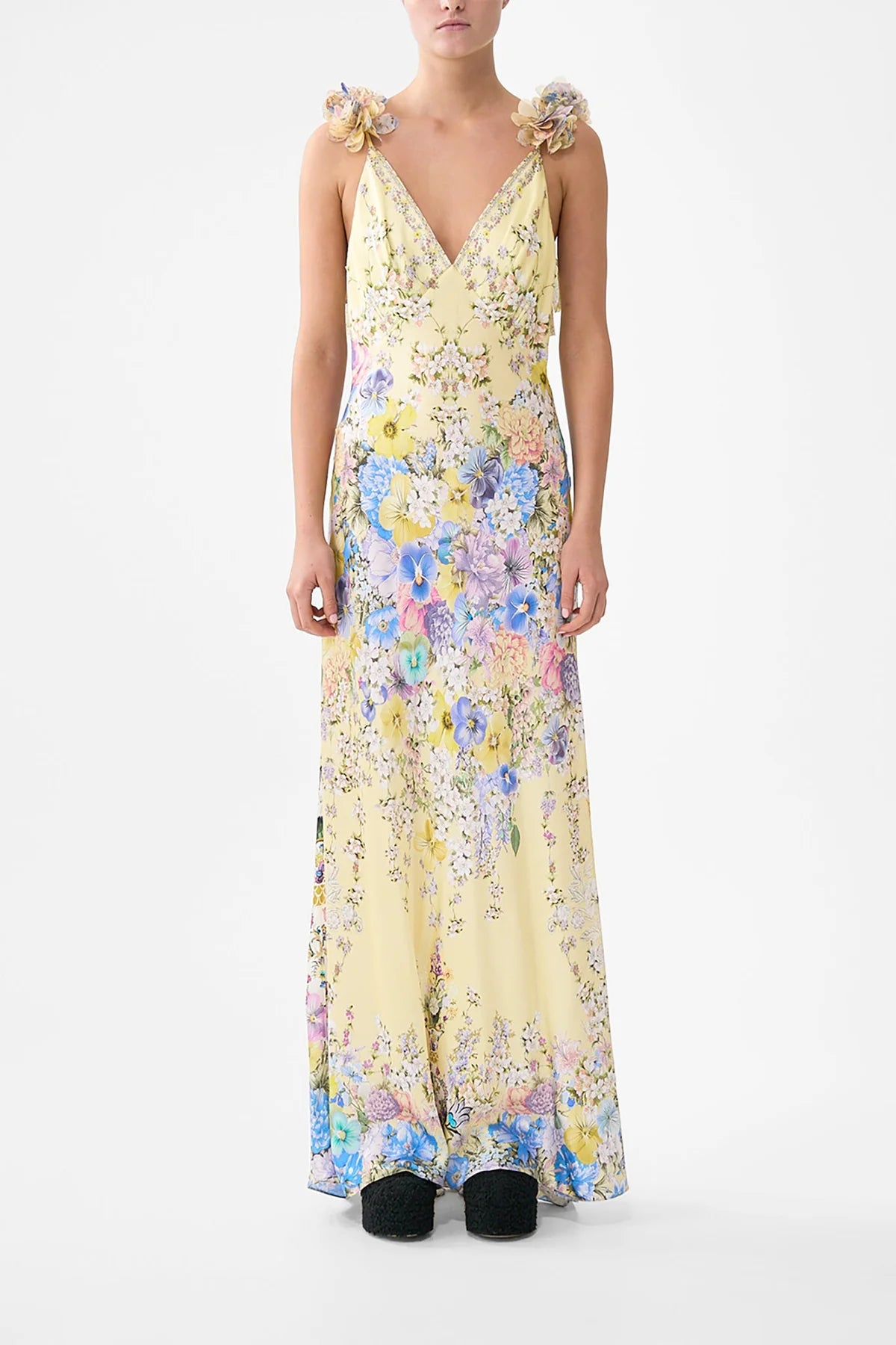 Darling Buds V Neck Bias Floral Slip Silk Maxi Dress With Back Frills in Yellow