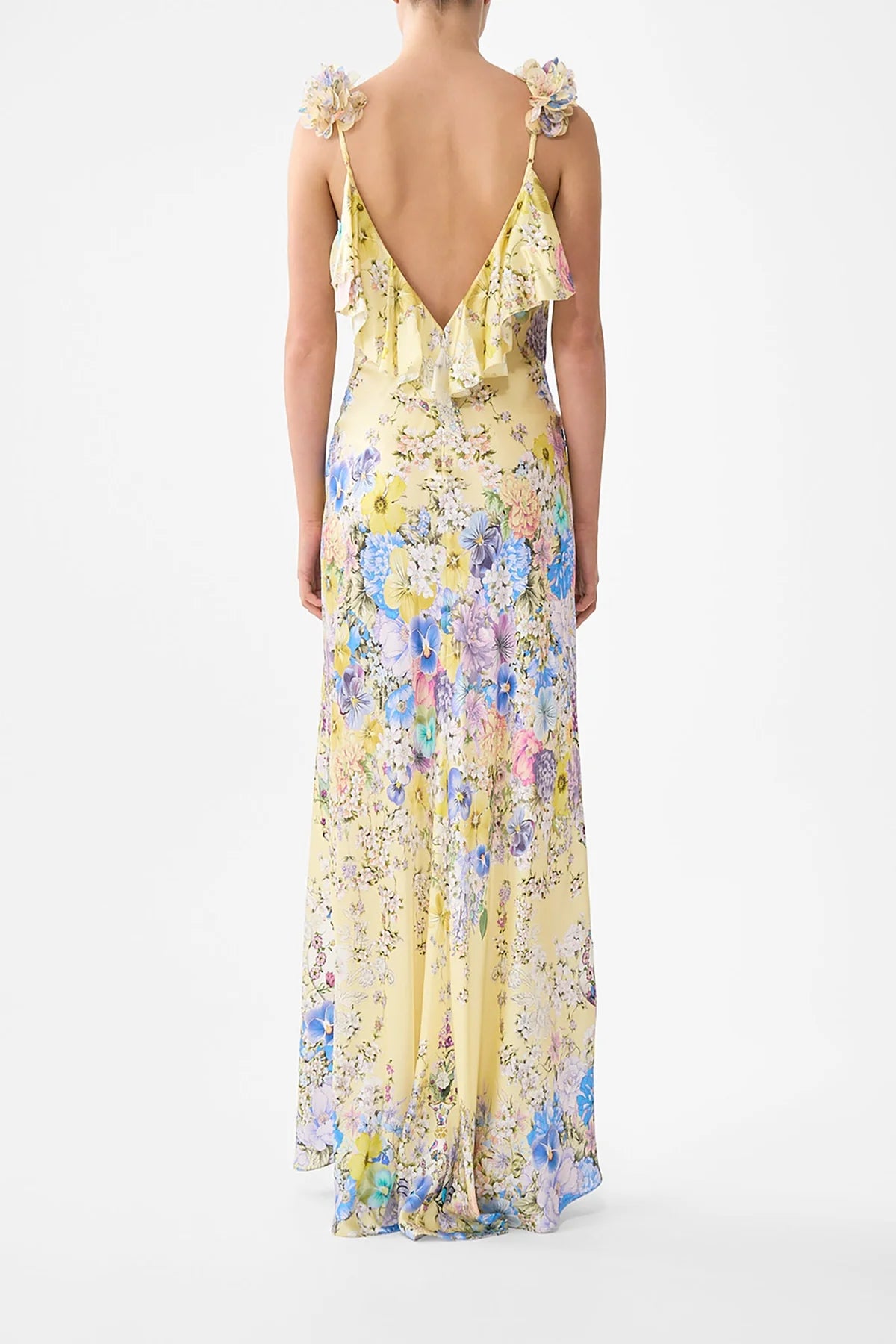 Darling Buds V Neck Bias Floral Slip Silk Maxi Dress With Back Frills in Yellow
