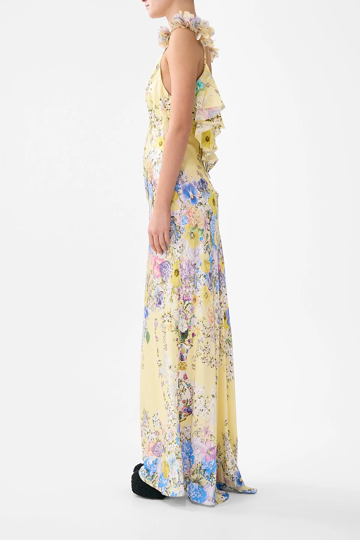 Darling Buds V Neck Bias Floral Slip Silk Maxi Dress With Back Frills in Yellow
