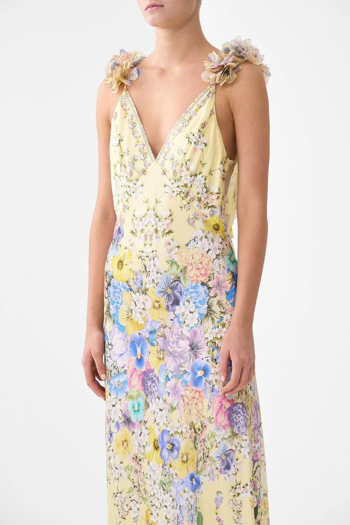 Darling Buds V Neck Bias Floral Slip Silk Maxi Dress With Back Frills in Yellow