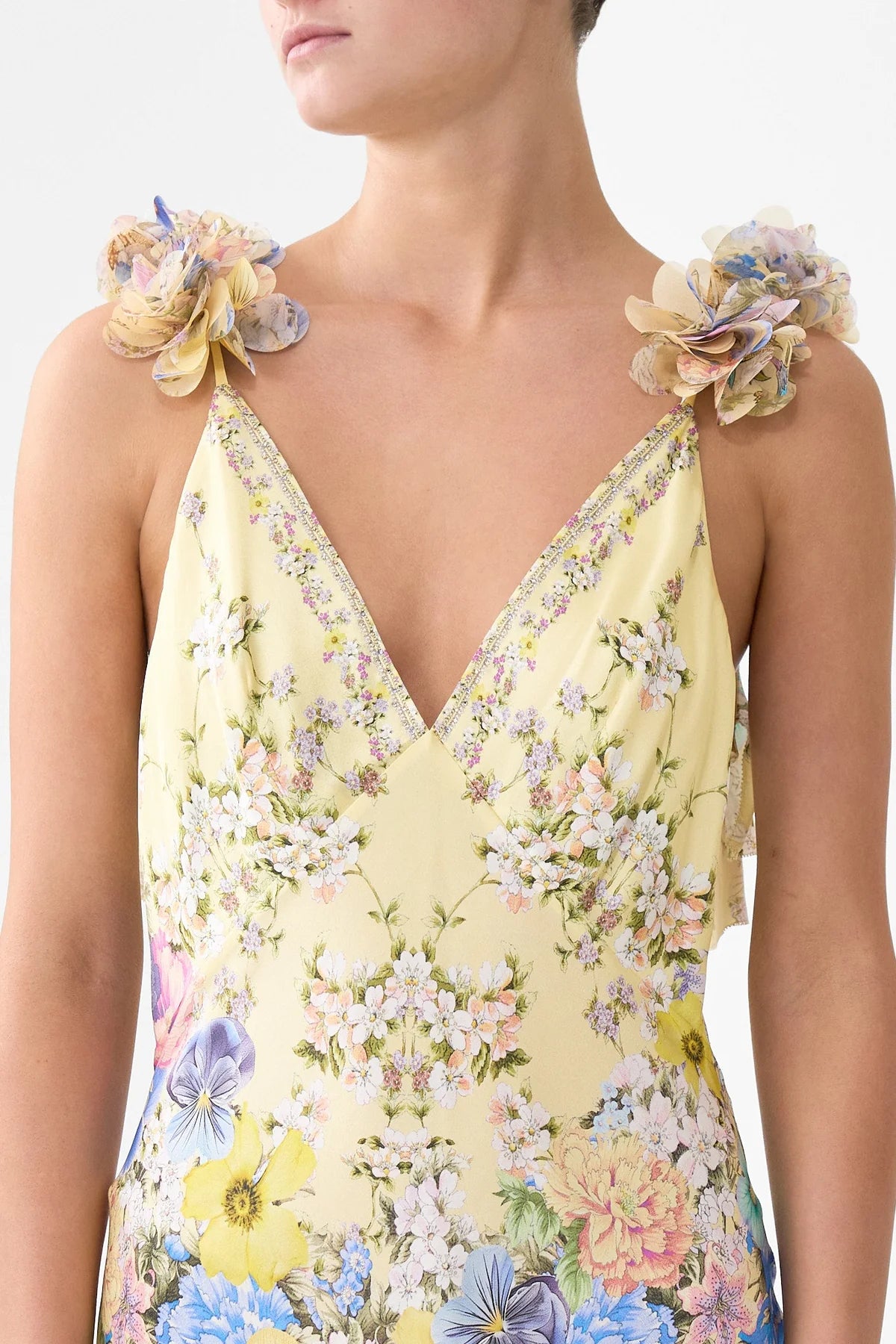 Darling Buds V Neck Bias Floral Slip Silk Maxi Dress With Back Frills in Yellow