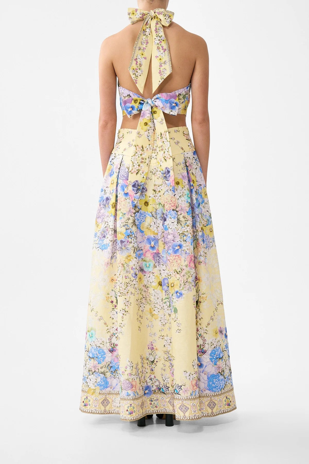 Darling Buds Corset Waist Floral Linen Silk Maxi Skirt in Yellow