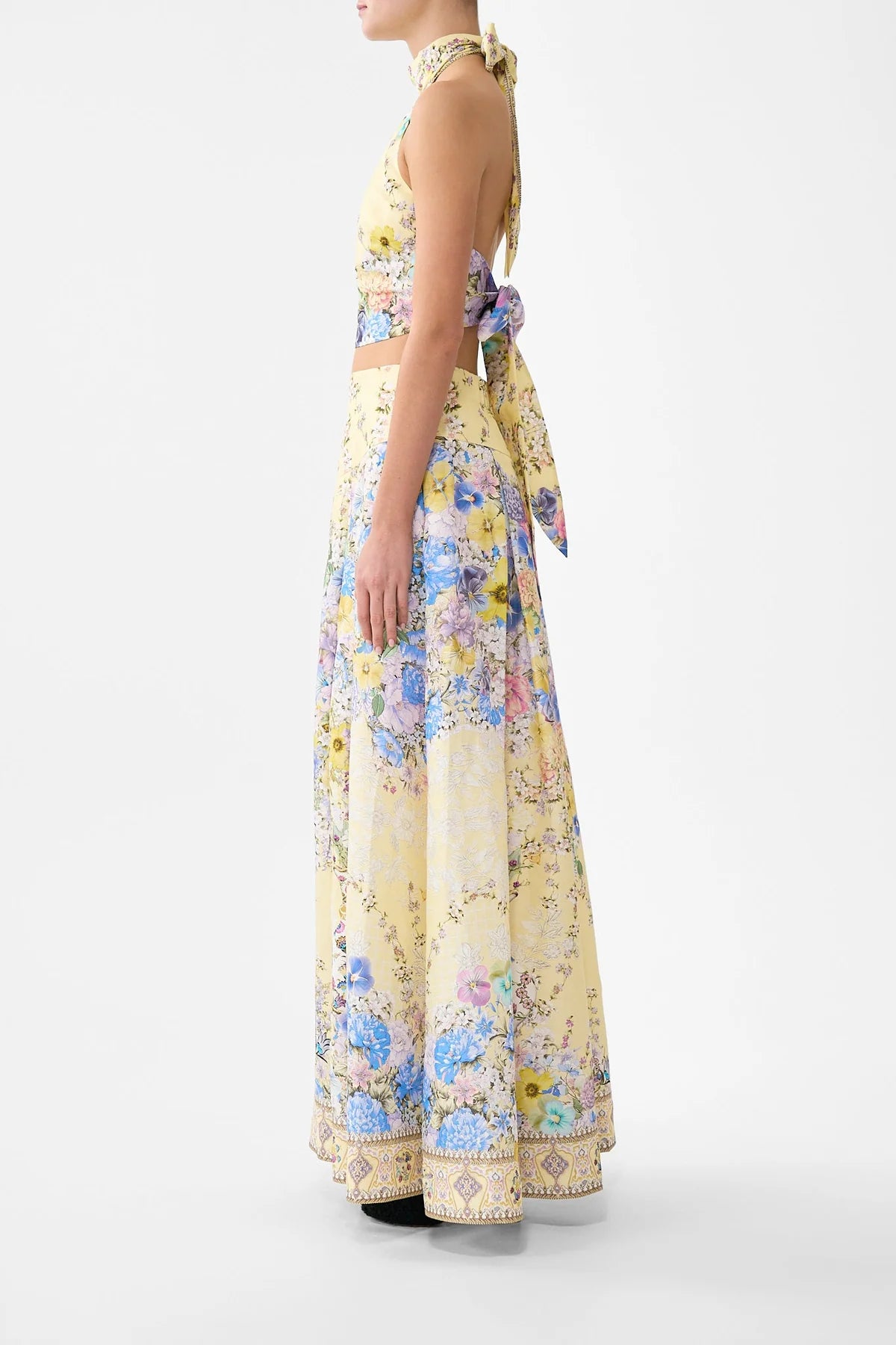 Darling Buds Corset Waist Floral Linen Silk Maxi Skirt in Yellow