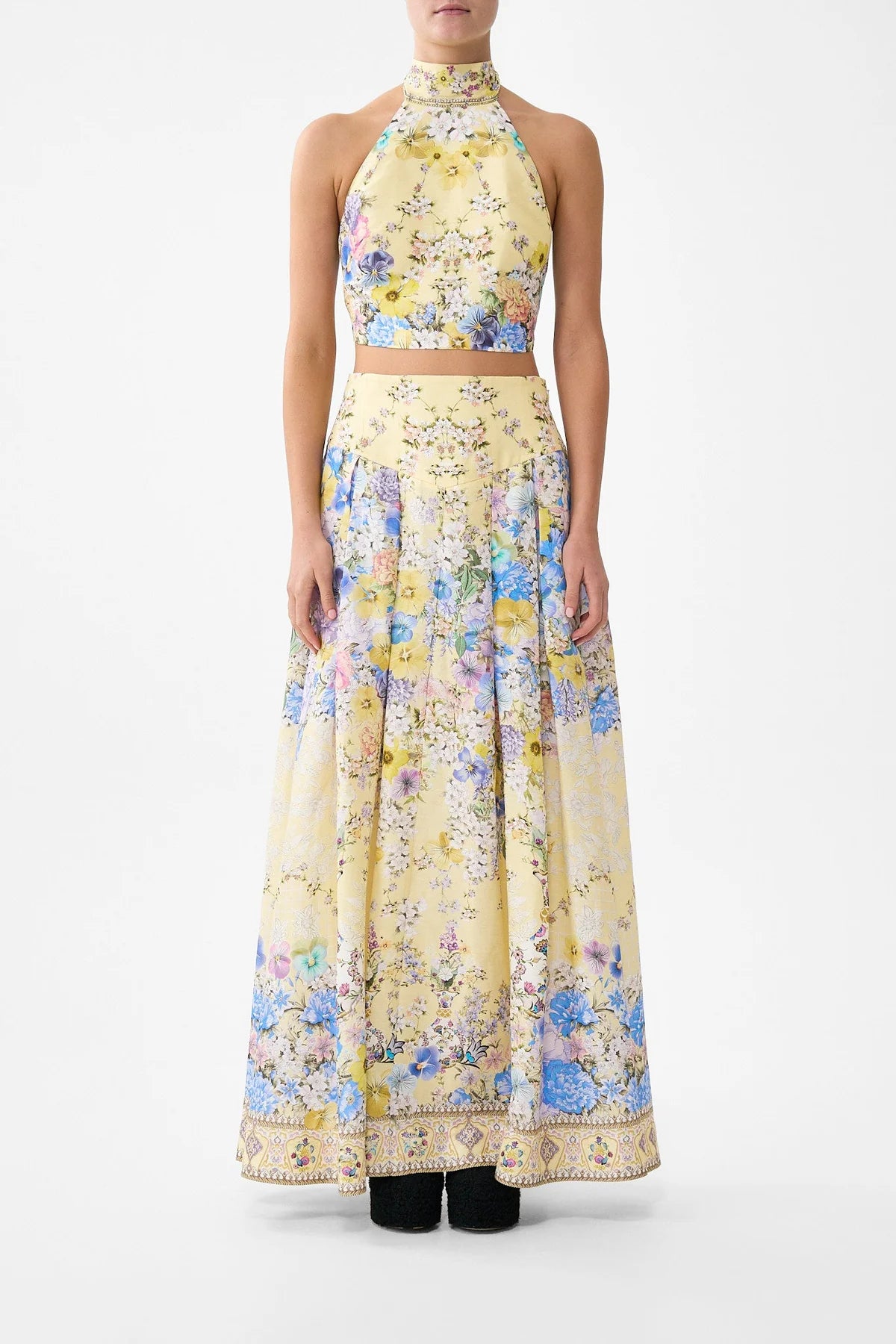 Darling Buds Sleeveless Floral Linen Silk Halter Tie Back Top in Yellow