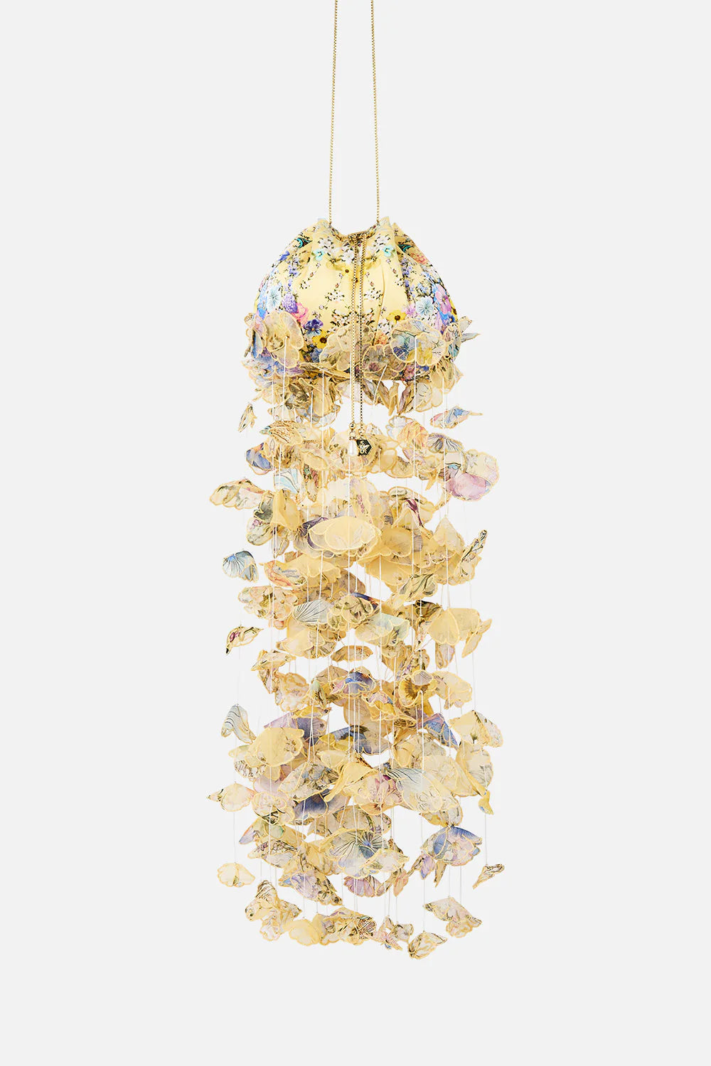 Darling Buds Floral Drawstring Silk Pouch Bag With Floral Fringes in Yellow