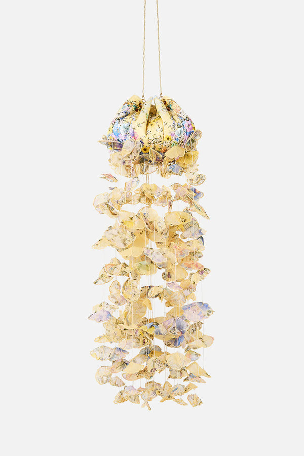 Darling Buds Floral Drawstring Silk Pouch Bag With Floral Fringes in Yellow