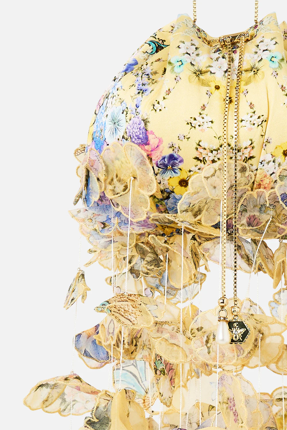 Darling Buds Floral Drawstring Silk Pouch Bag With Floral Fringes in Yellow