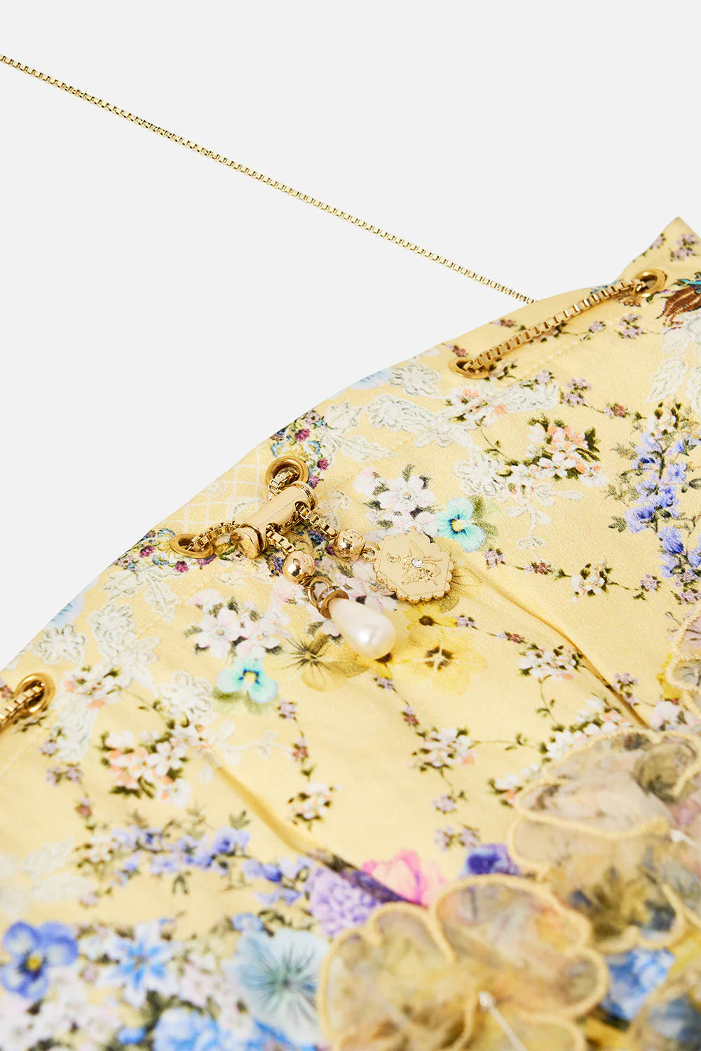 Darling Buds Floral Drawstring Silk Pouch Bag With Floral Fringes in Yellow