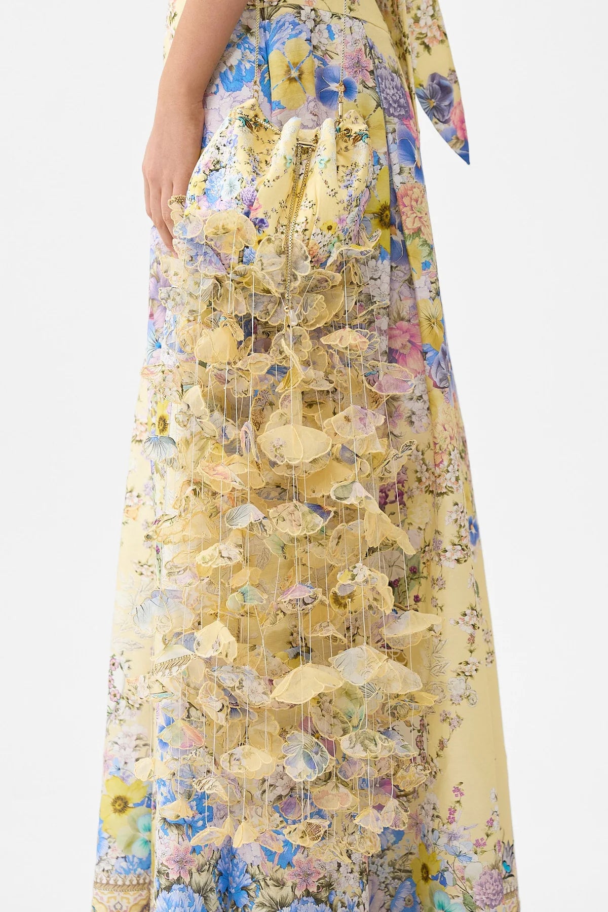 Darling Buds Floral Drawstring Silk Pouch Bag With Floral Fringes in Yellow