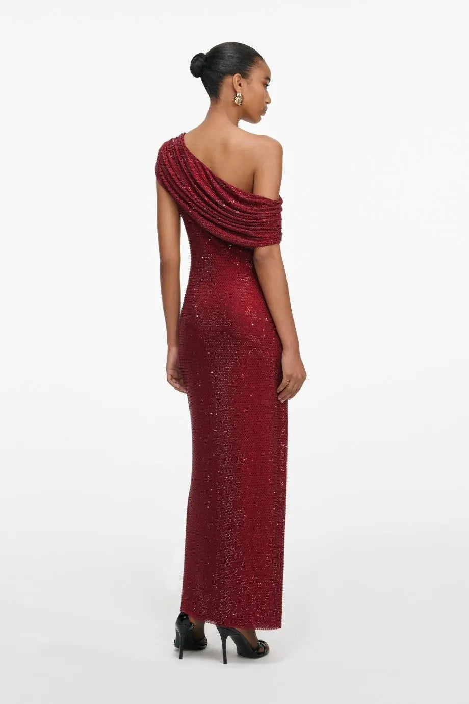 Rhinestone Drape Evening Dress in Burgundy