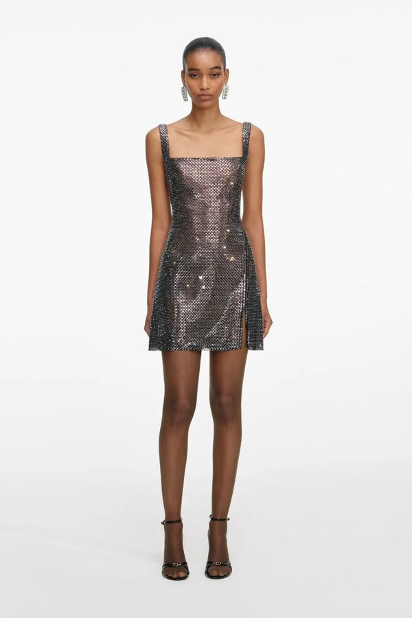 Sleeveless Rhinestone Mesh Evening Dress in Grey