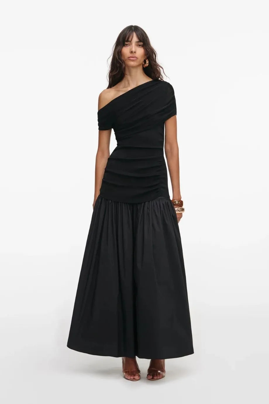 Cotton Draped Knit Midi Dress in Black
