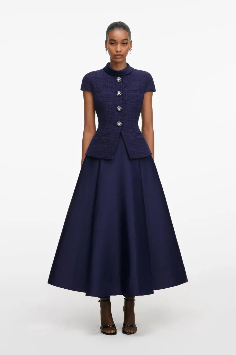 Collared Boucle Taffeta Midi Dress in Blue