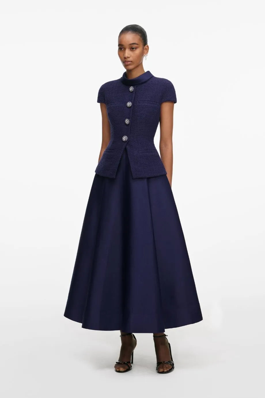 Collared Boucle Taffeta Midi Dress in Blue