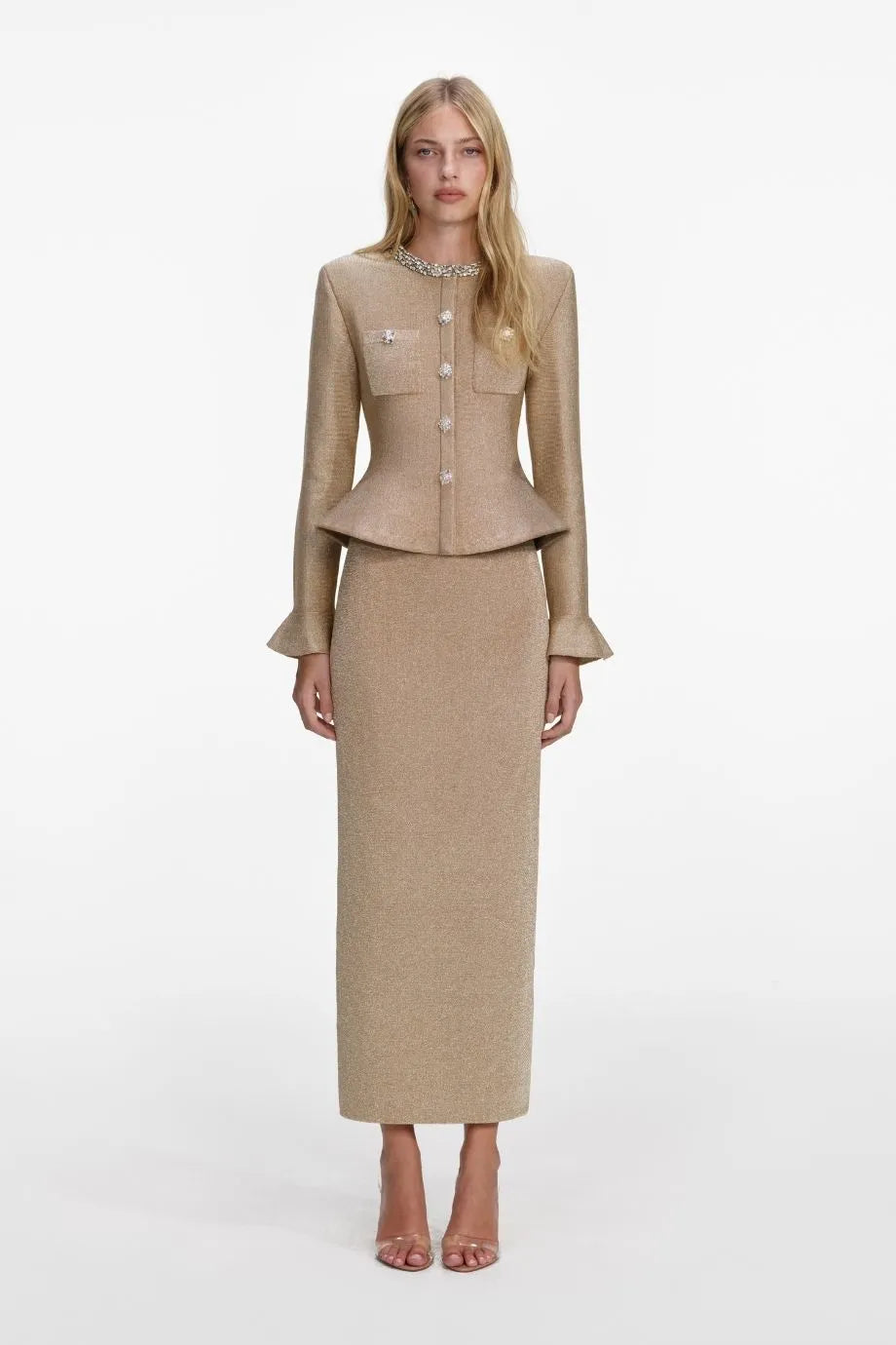 Collared Crystal Trim Knit Midi Dress in Gold