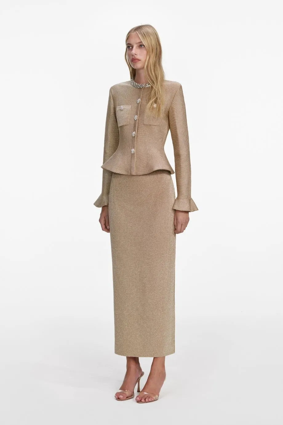 Collared Crystal Trim Knit Midi Dress in Gold