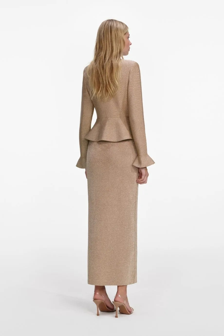 Collared Crystal Trim Knit Midi Dress in Gold