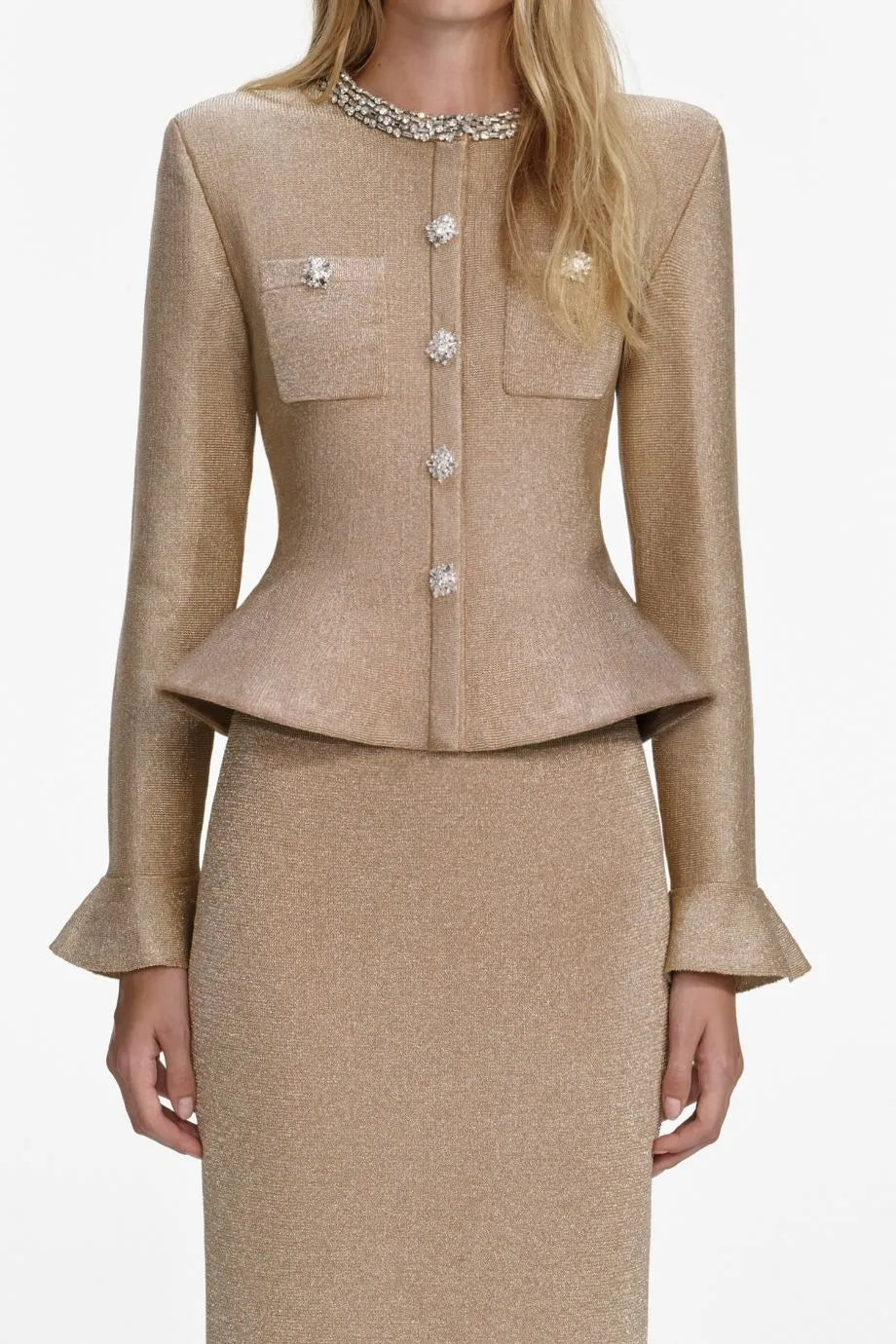 Collared Crystal Trim Knit Midi Dress in Gold