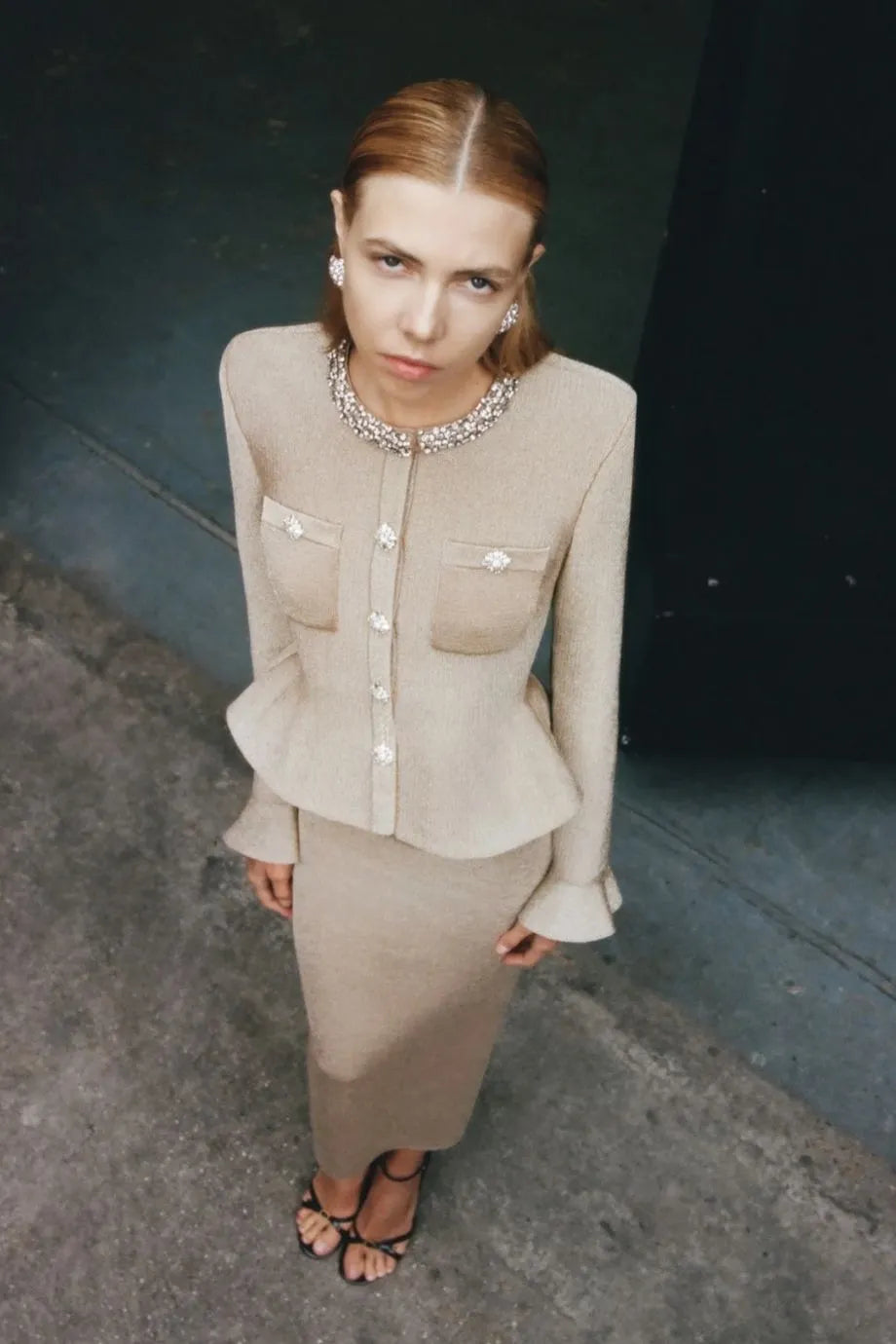 Collared Crystal Trim Knit Midi Dress in Gold