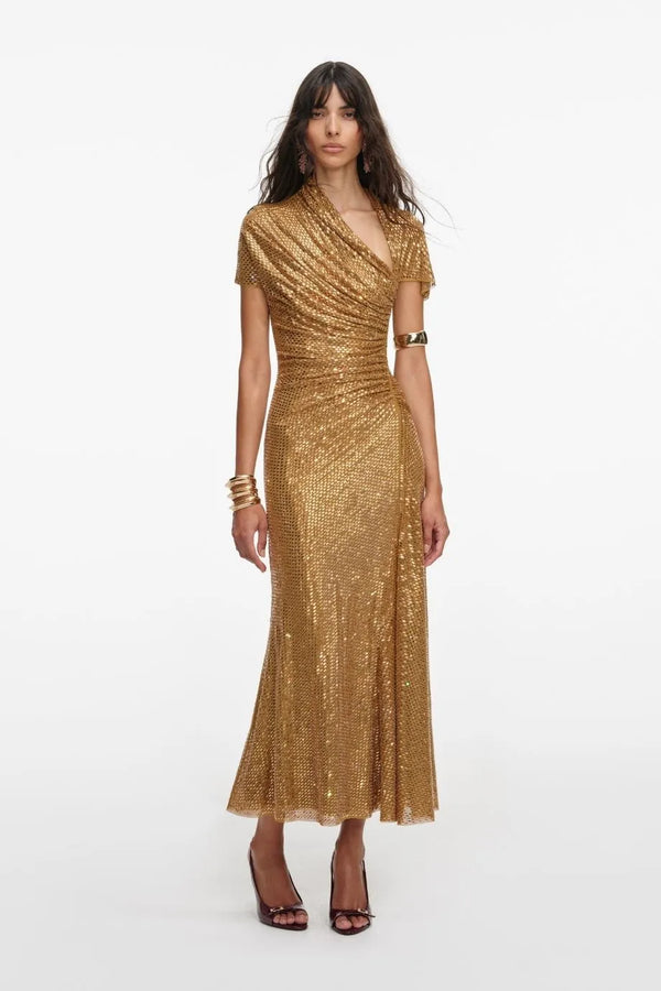 Rhinestone Drape Evening Dress in Gold