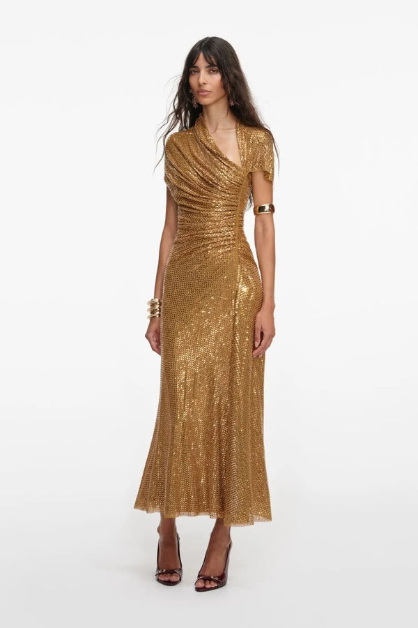 Rhinestone Drape Evening Dress in Gold