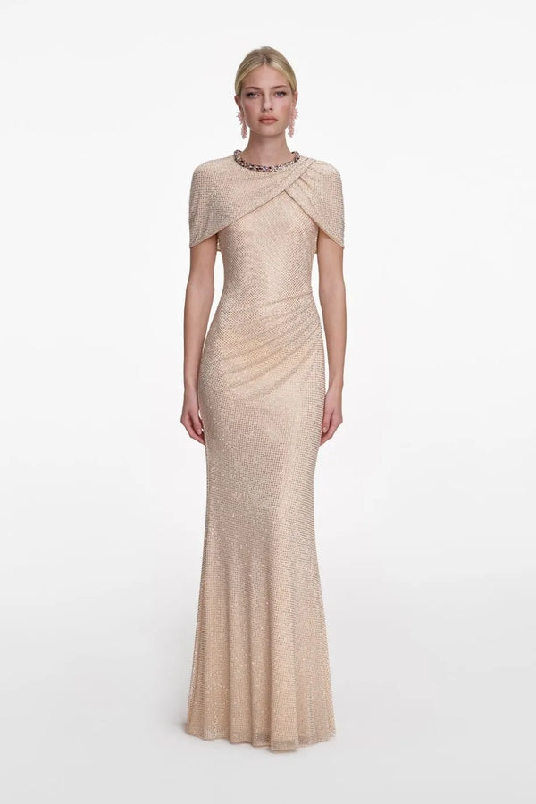 Rhinestone Evening Dress in Beige